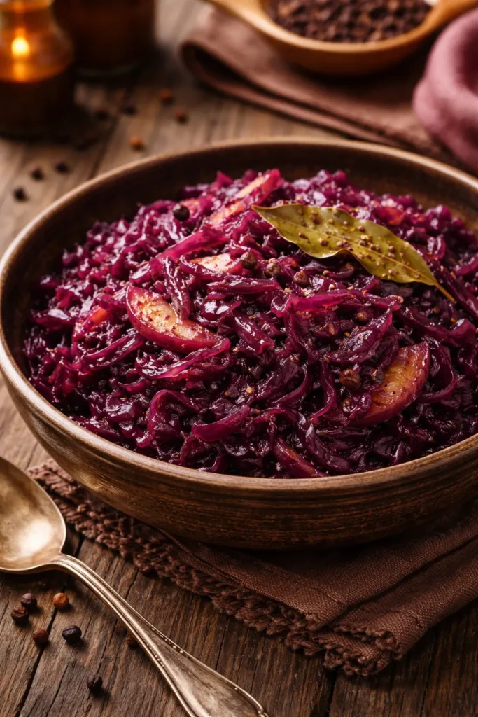 Glossy Rotkohl braised red cabbage in rustic bowl