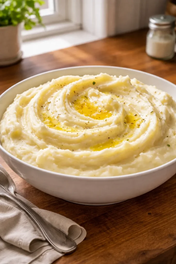 Close-up of silky ivory mashed potatoes in a bowl, buttery and fluffy.