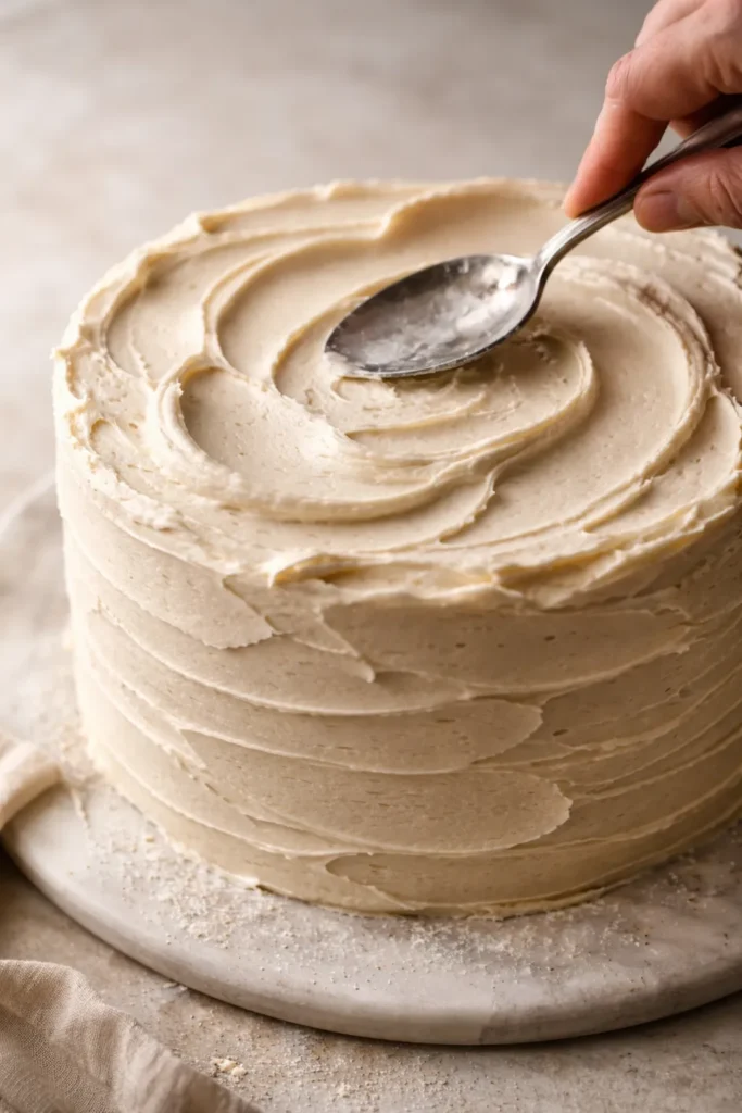 Cake surface with rustic spoon-made buttercream textures and ridges.