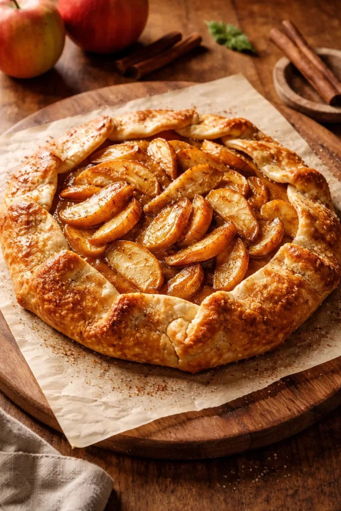 Rustic galette-style apple pie with irregular folded crust on wooden board.
