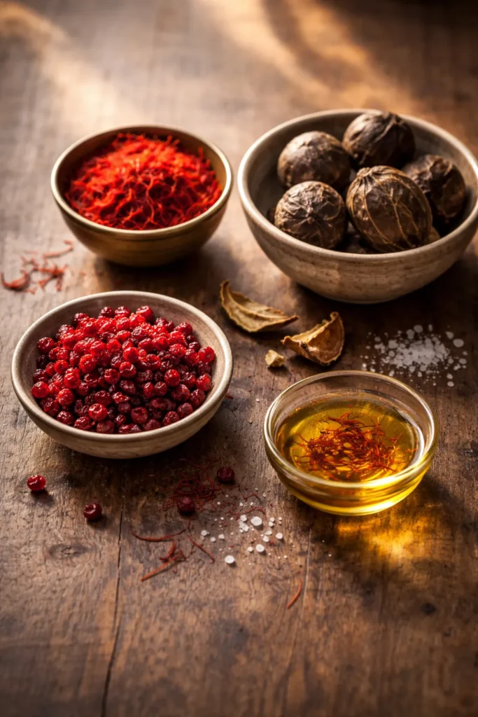 Still-life with saffron, dried limes, barberries and saffron oil