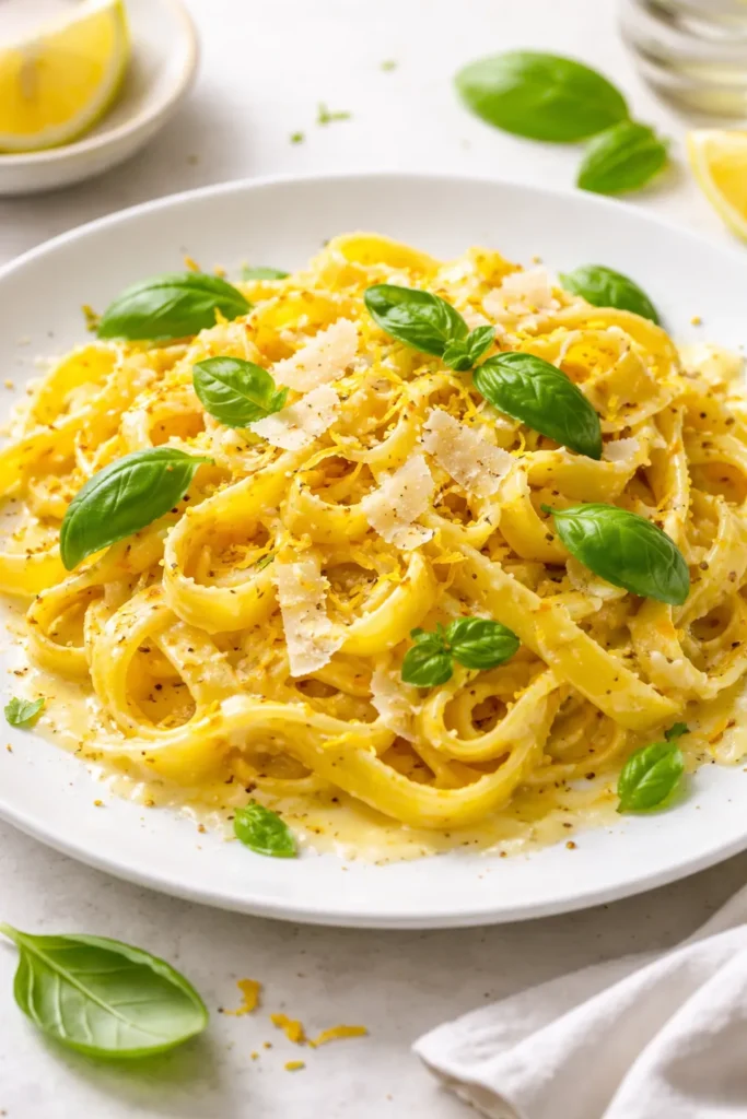 Golden saffron pasta with parmesan lemon basil
