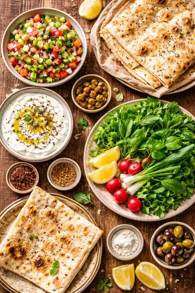Top-down view of Persian accompaniments: salad Shirazi, flatbread, yogurt, and herbs