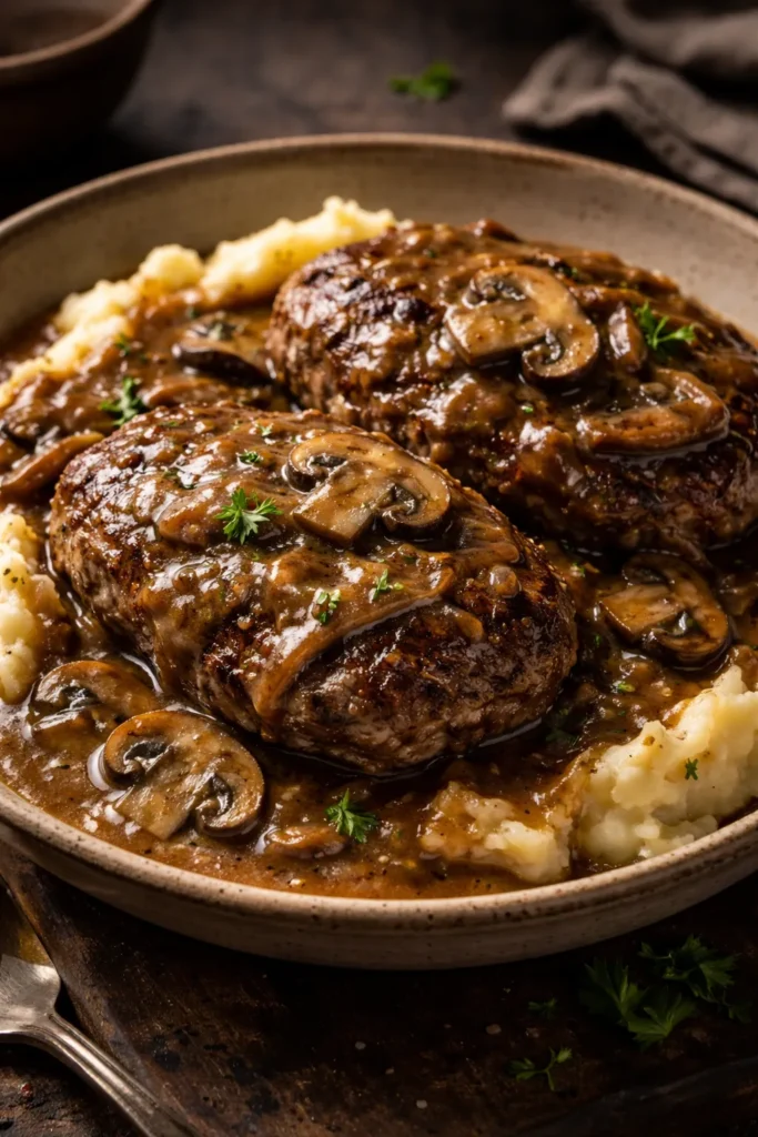 Salisbury steak patties covered in mushroom gravy in a rustic bowl