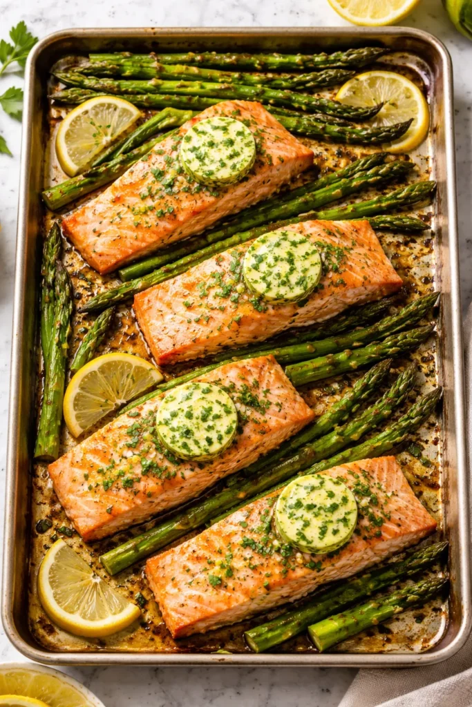 Salmon and asparagus on a sheet pan with lemon herb butter
