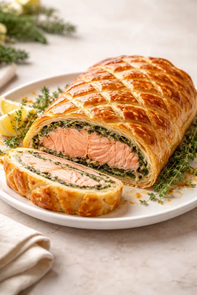 Salmon Wellington wrapped in puff pastry on plate