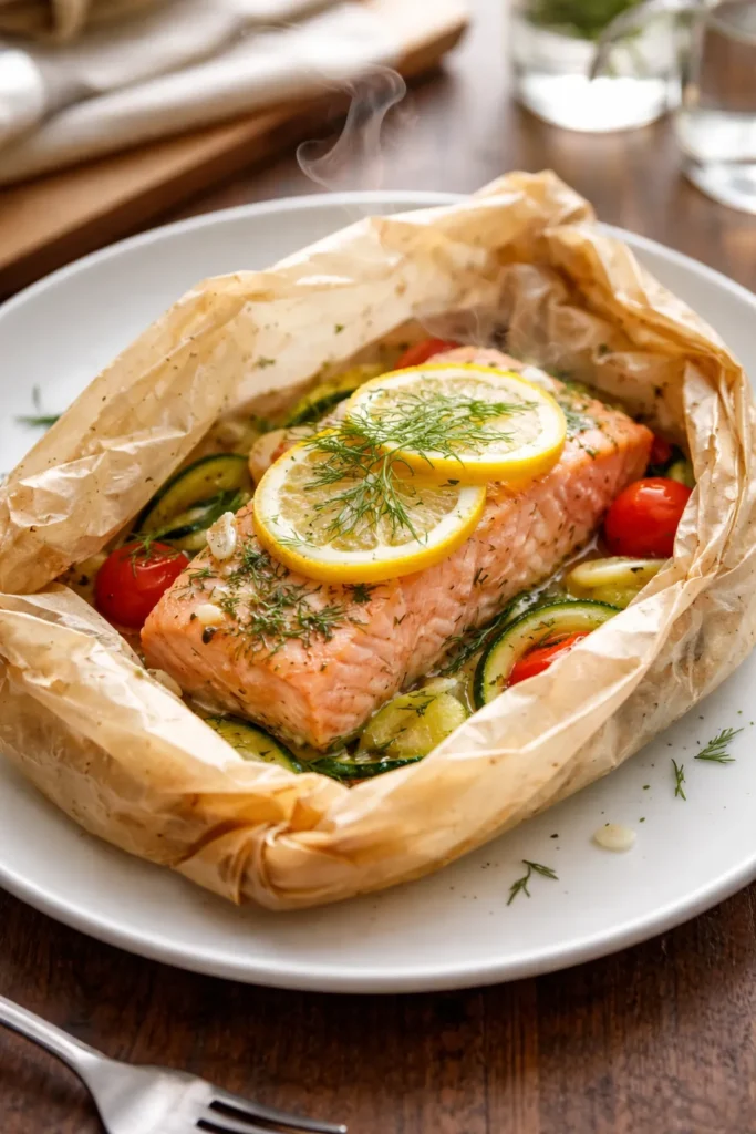 Parcels of salmon baked in parchment releasing steam in a minimal plate setting.