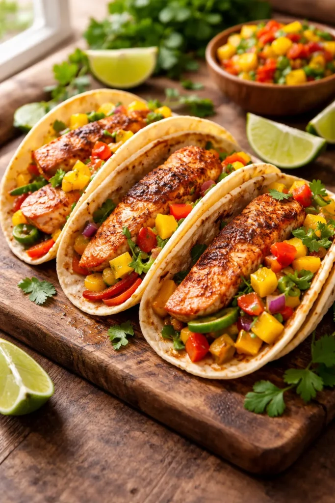 Close-up of salmon fajita tacos with mango salsa on a wooden board