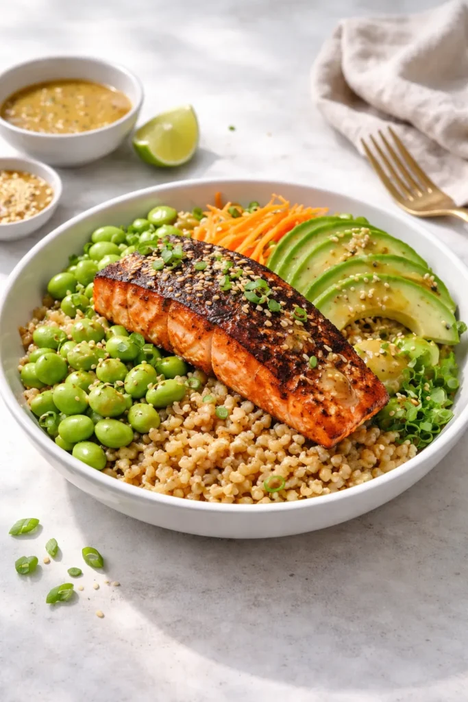 Close-up of Blackened Salmon Farro Bowl with miso-ginger dressing