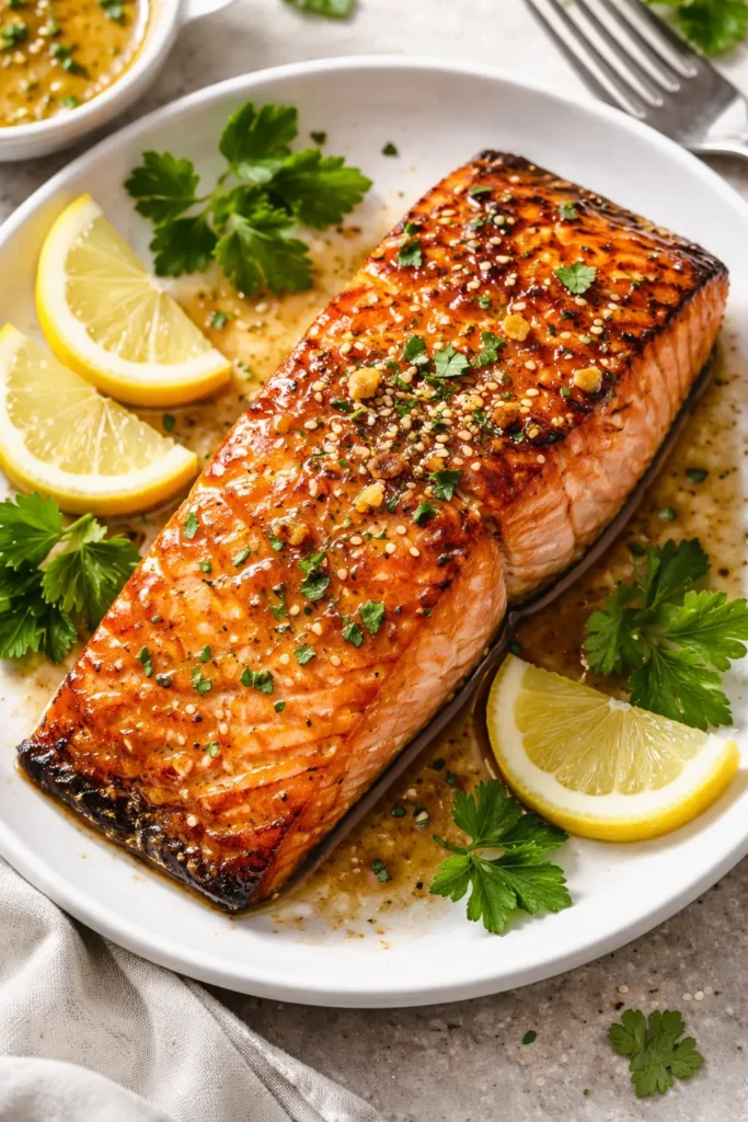 Glazed salmon fillet with glossy honey butter sauce