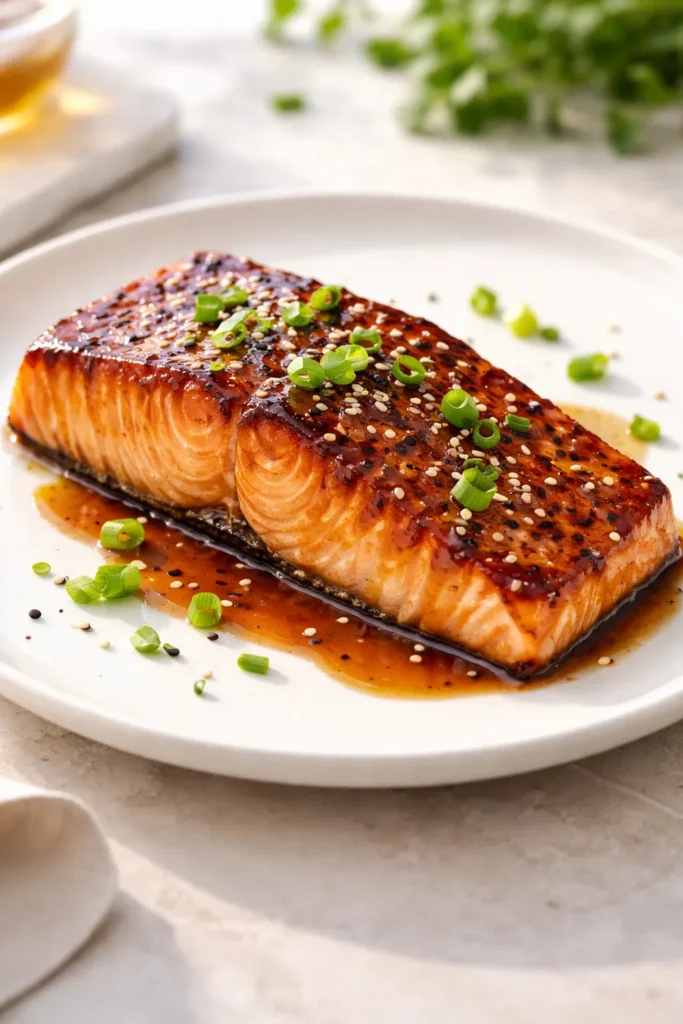 Salmon fillet with a lacquered soy-ginger glaze on a plate