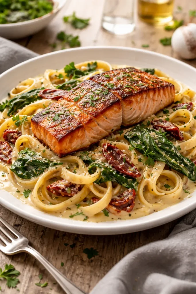 Creamy Tuscan salmon pasta with sun-dried tomatoes and wilted spinach on a plate.