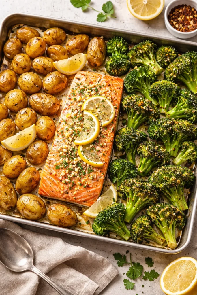 Sheet pan salmon with broccoli and potatoes, roasted to golden