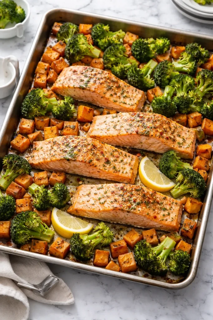 Sheet pan salmon with sweet potatoes and broccoli