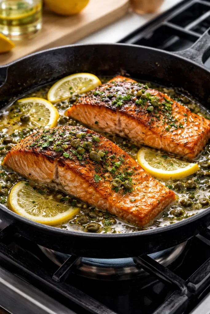 Skillet salmon with lemon butter caper sauce