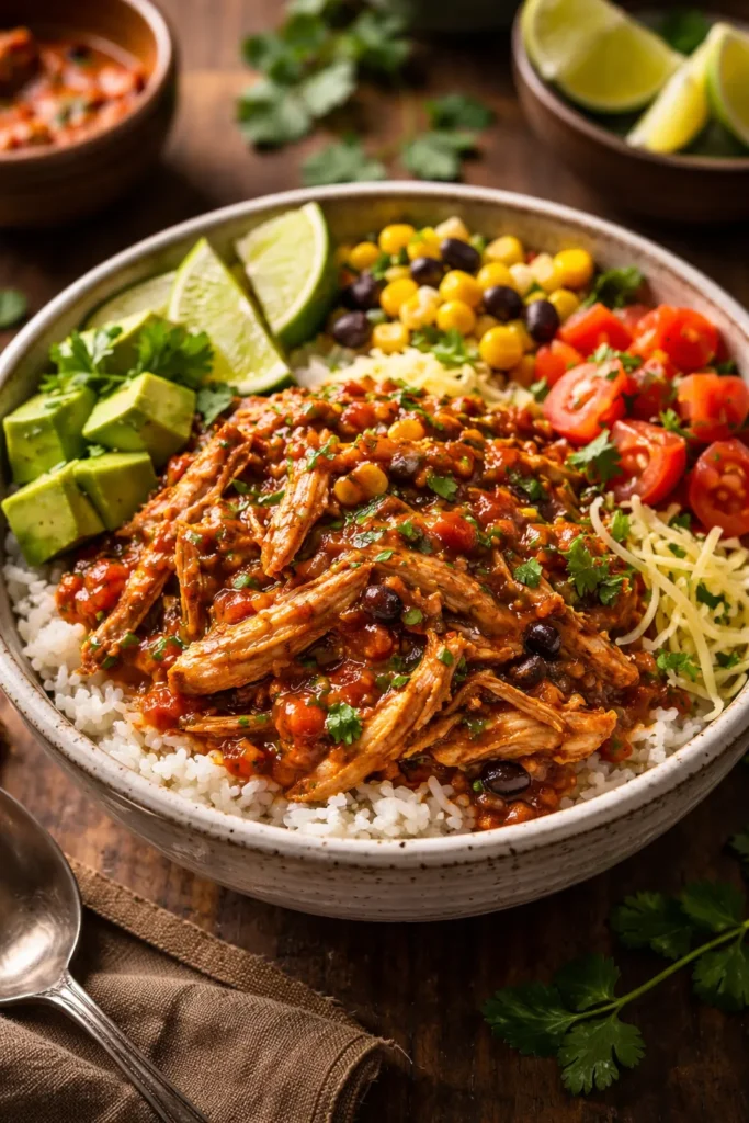 Close-up of shredded chicken in red salsa in a rustic bowl