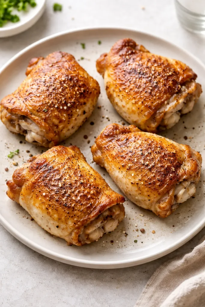 Skin-crisped chicken thighs with coarse salt and black pepper.