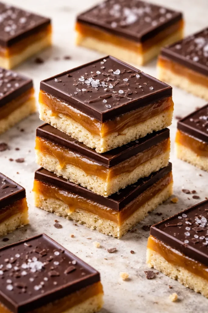 Layered salted dark chocolate caramel bars sliced to show layers