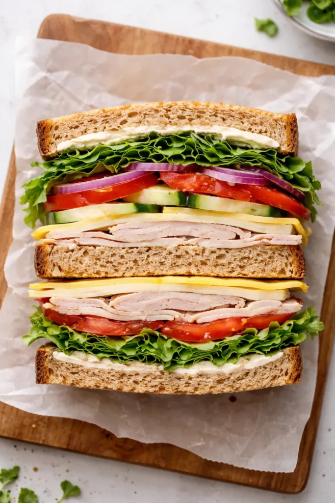 Cross-section of a well-constructed sandwich showing barrier layer and mayo