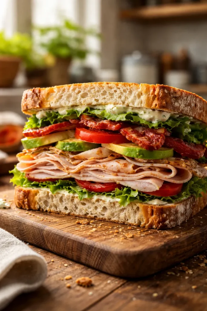 Close-up cross-section of a gourmet homemade sandwich on a wooden board
