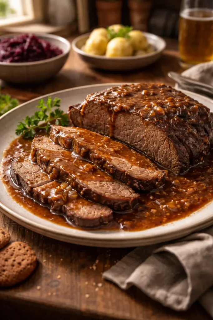 Sauerbraten slices with glossy gravy on rustic plate in warm kitchen