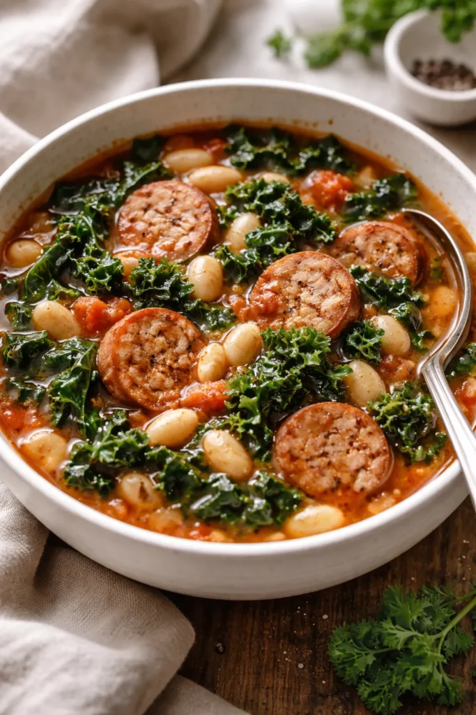 Bowl of sausage kale white bean soup with tomatoes