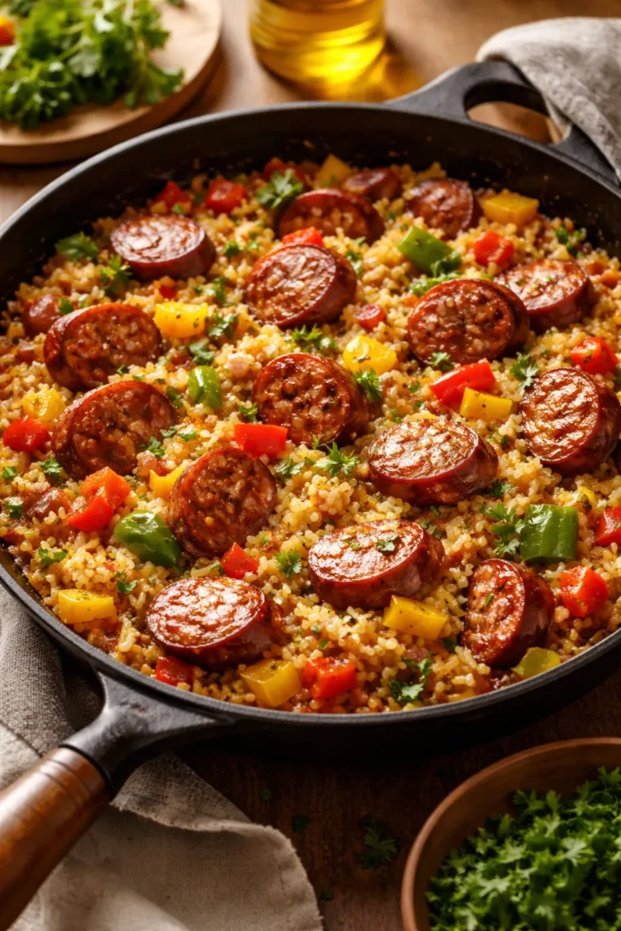 Skillet with browned sausage, peppers, and rice