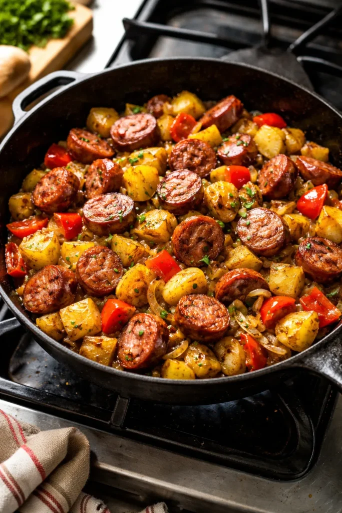 Close up of a sausage and potato skillet featuring kielbasa, potatoes, peppers, and onions