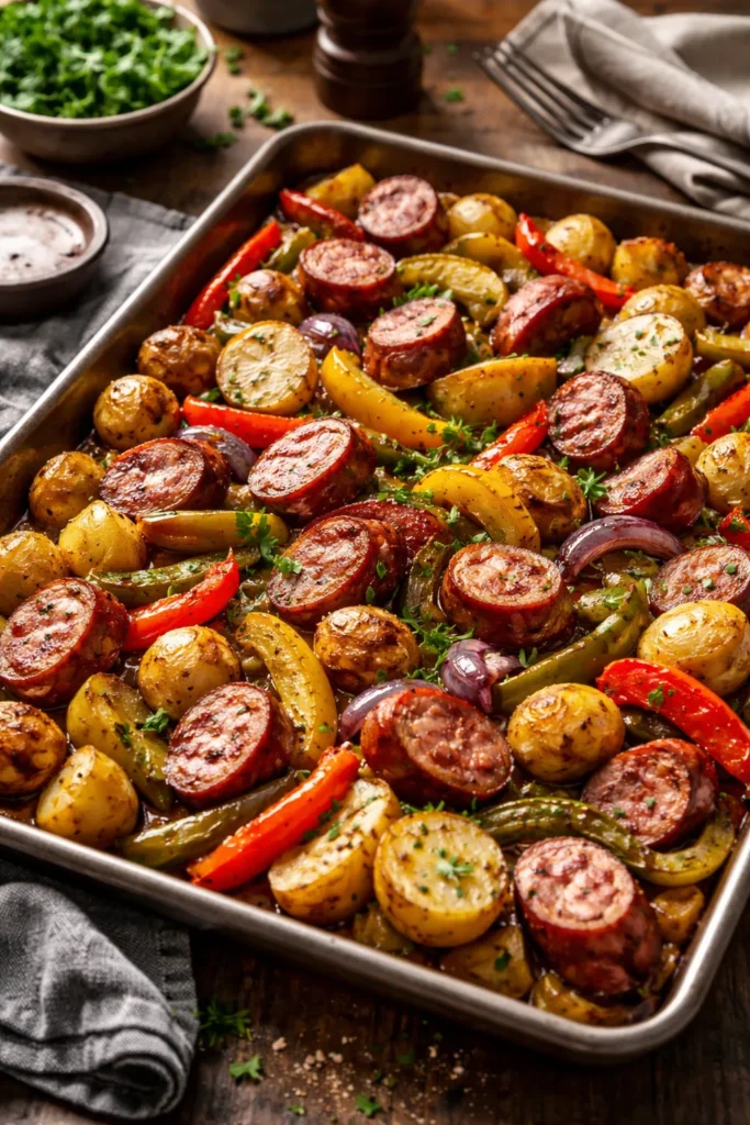 Sheet pan with kielbasa, potatoes, and peppers, roasted