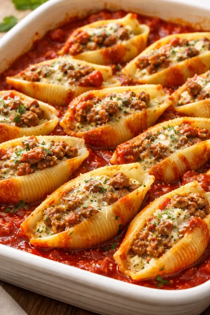 Italian sausage stuffed shells with marinara