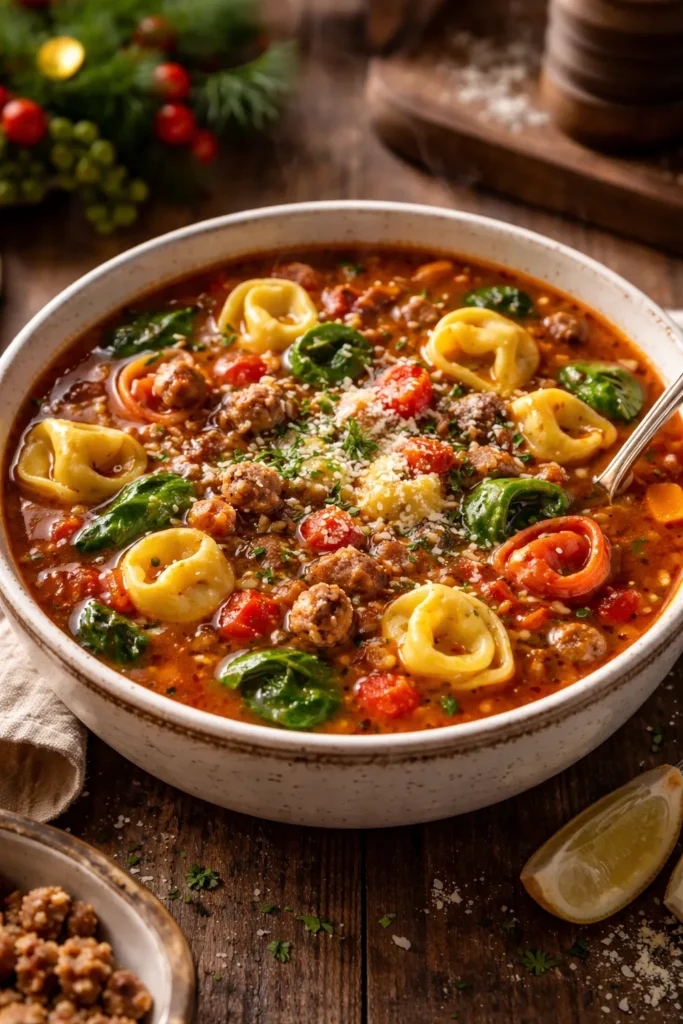 Close-up of a steaming bowl of Italian sausage and cheese tortellini soup with multi-colored tortellini in amber broth