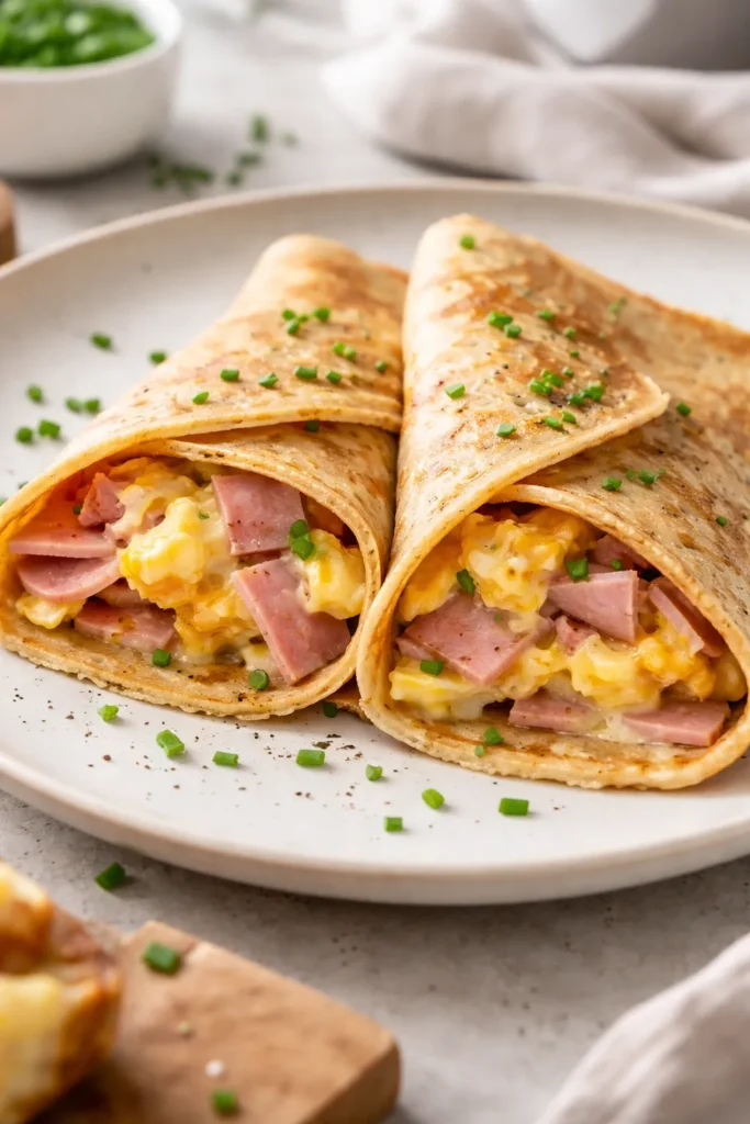 Envelope folded savory crepe with ham and cheese filling.