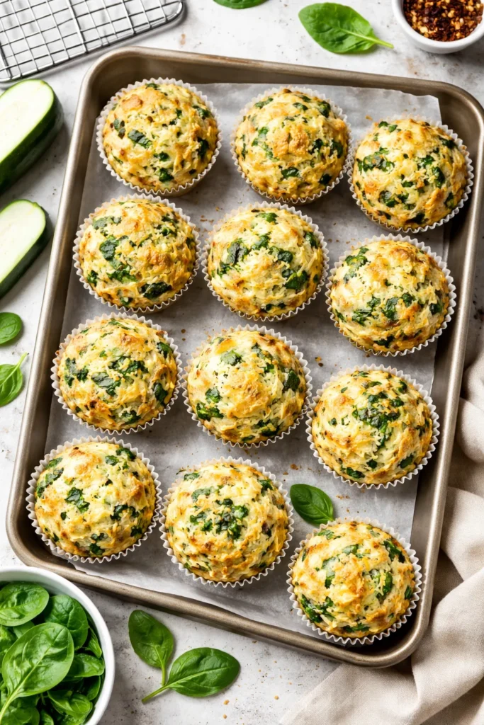 Savory muffins with zucchini flecks and cheese on baking sheet
