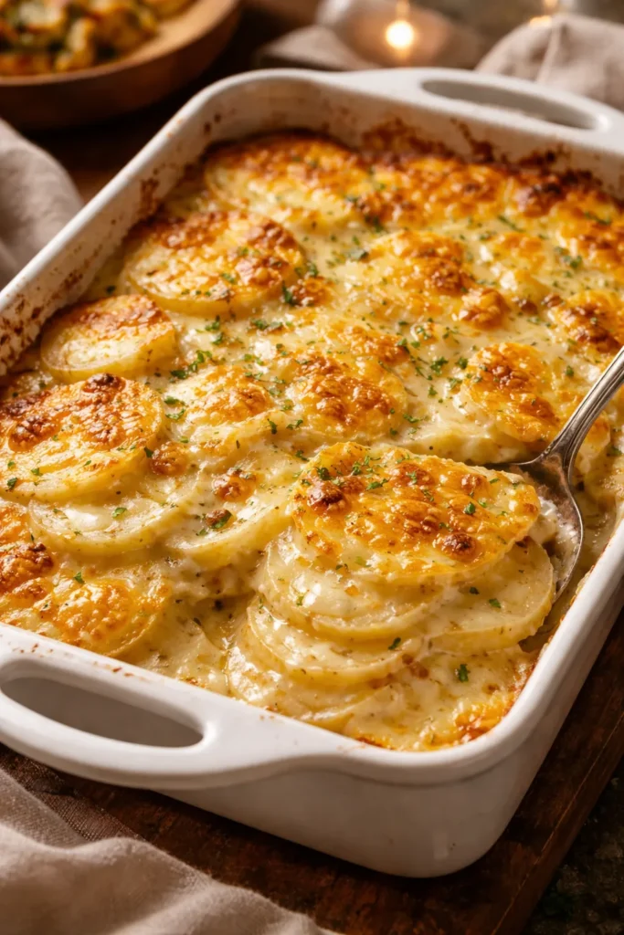 Close-up of scalloped potatoes in creamy cheese sauce with bubbling golden crust