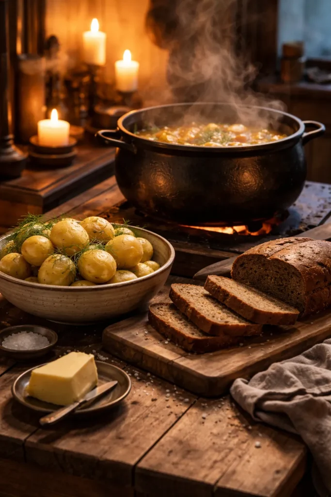 Cozy Nordic dinner scene with a pot, potatoes, and rye bread on a wooden table