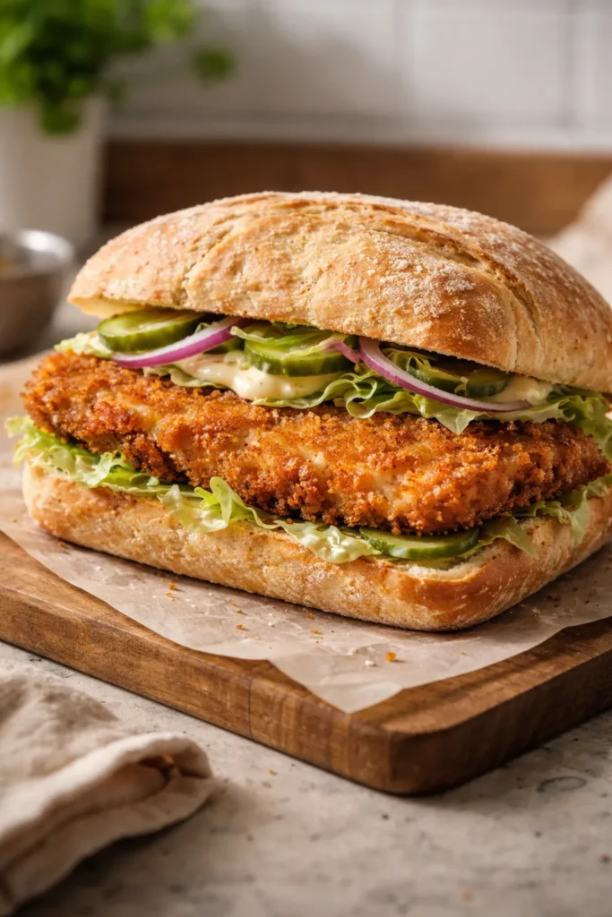 Crispy schnitzel sandwich on crusty bread with light toppings