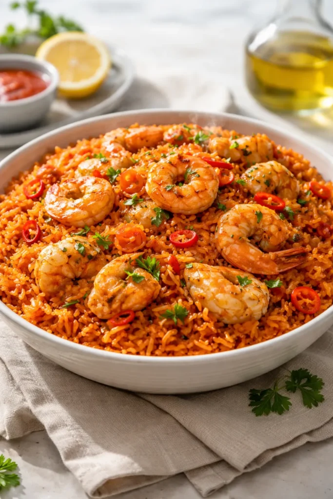 Seafood jollof rice with shrimp and fish in a bowl