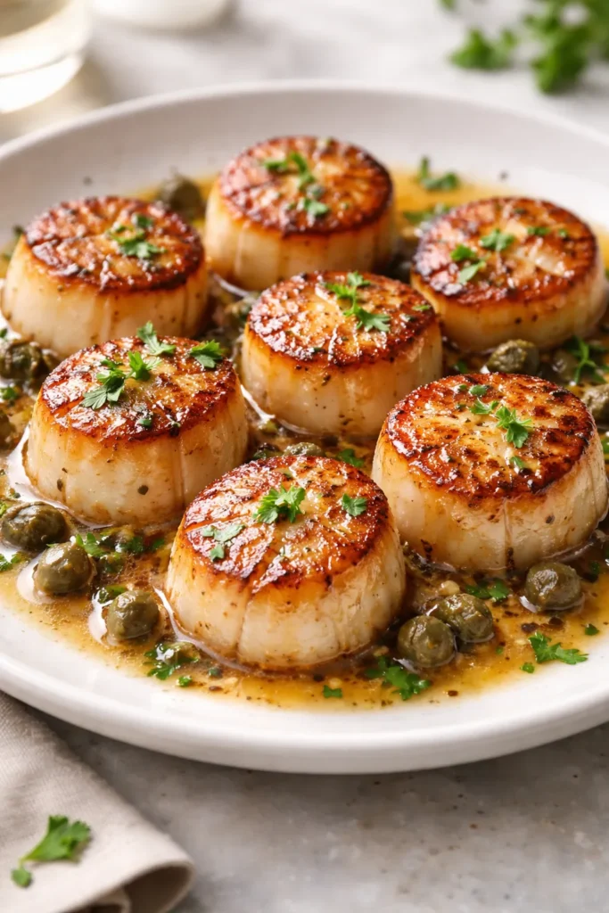 Close-up seared scallops in brown butter caper sauce