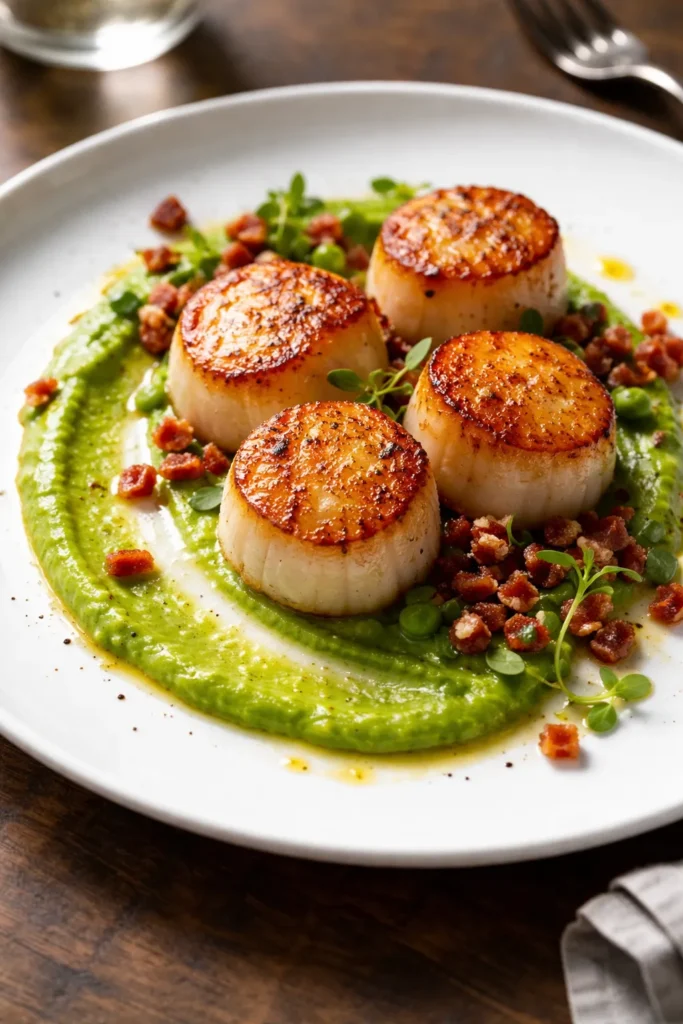 Close-up of seared scallops with pea purée and crispy pancetta on a white plate