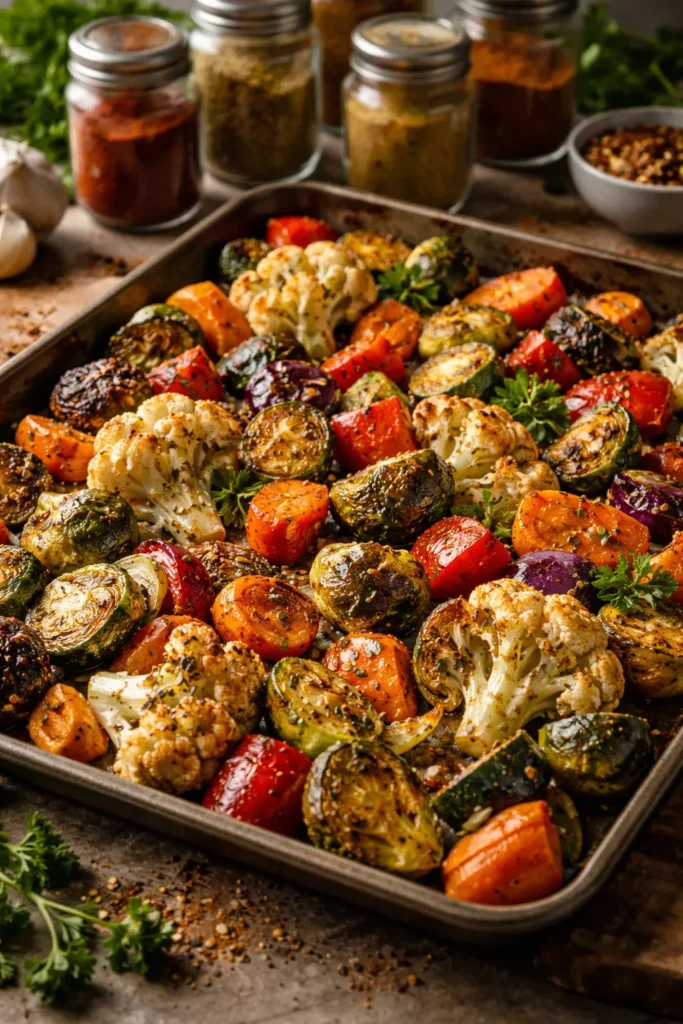 Roasted vegetables seasoned with diverse spices and herbs