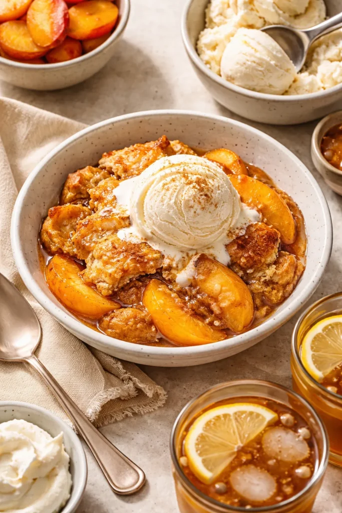 Peach cobbler in a bowl with vanilla ice cream ready to serve