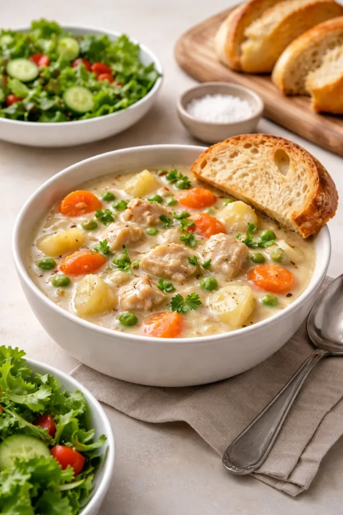 Creamy stew served with crusty bread