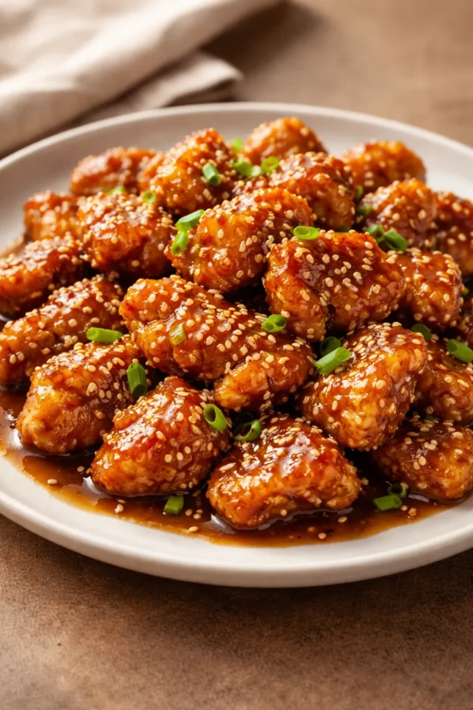 Crispy sesame chicken with a glossy glaze and toasted sesame seeds on a white plate