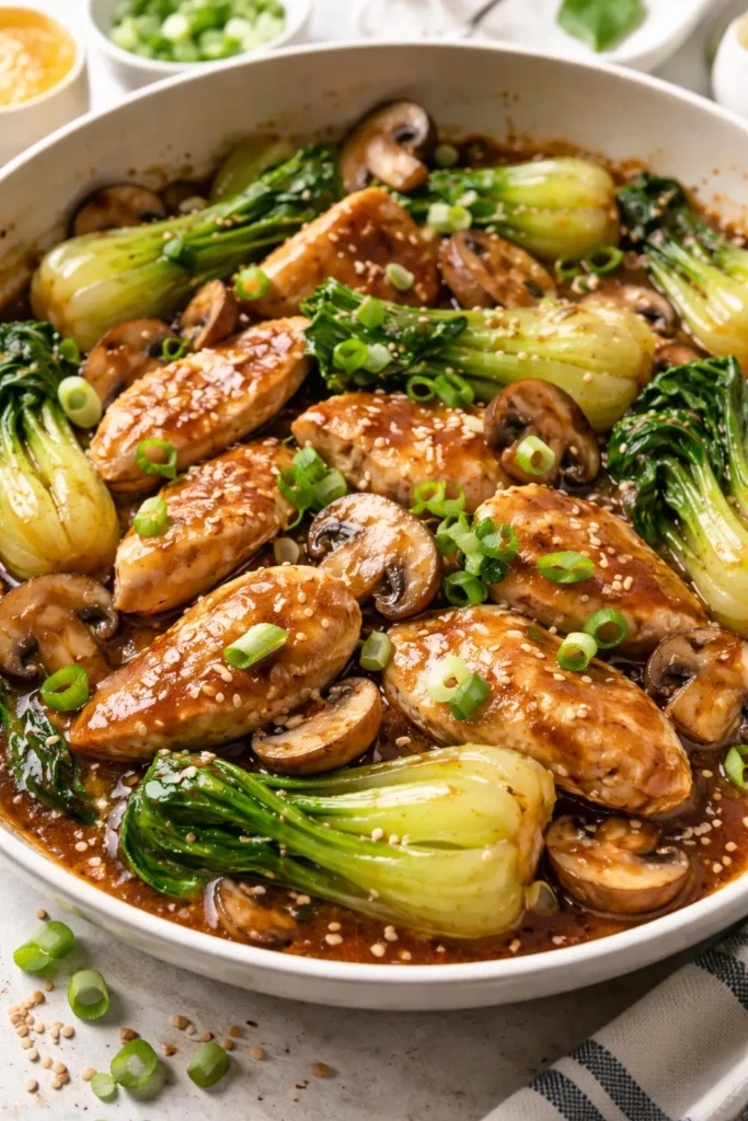 Chicken, mushrooms, bok choy with sesame seeds on plate