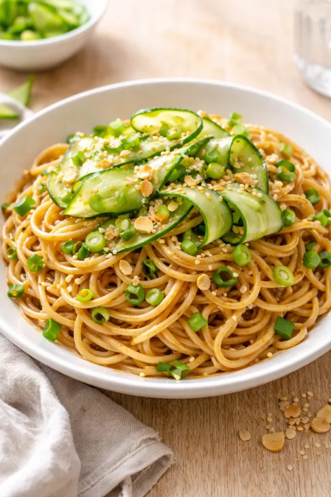 Chilled sesame peanut noodles with cucumber and scallions on a white plate