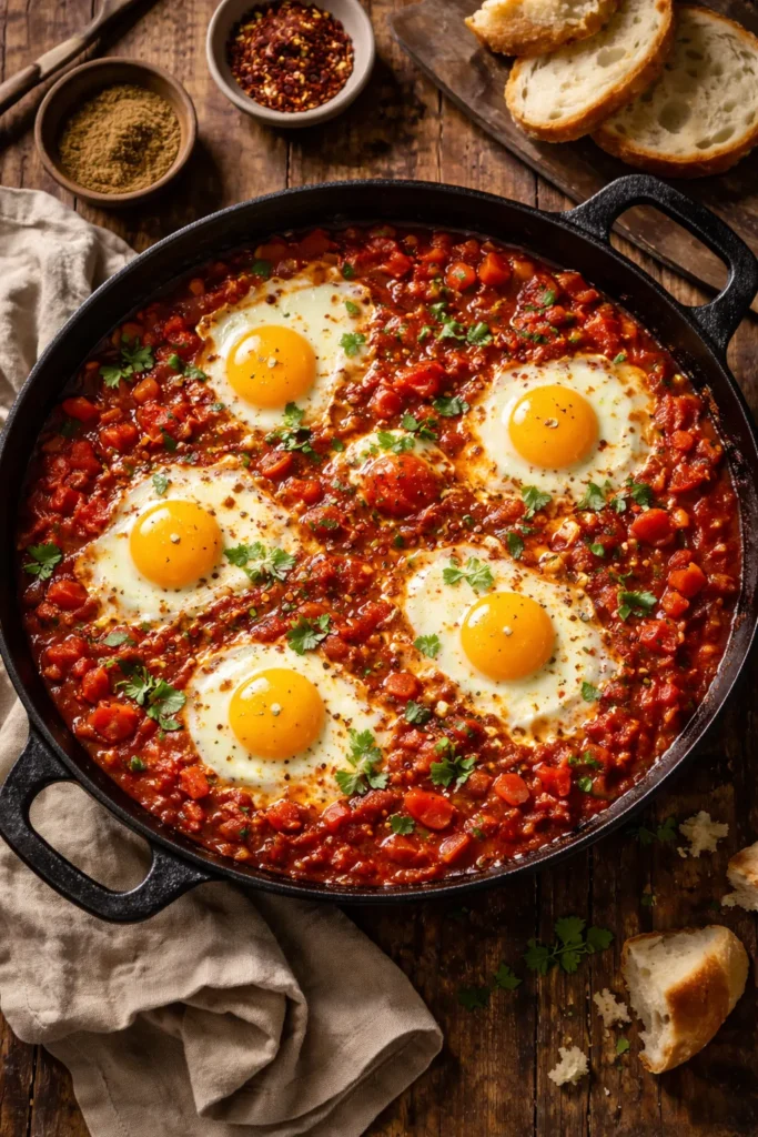 Shakshuka in a skillet with eggs poached in tomato sauce