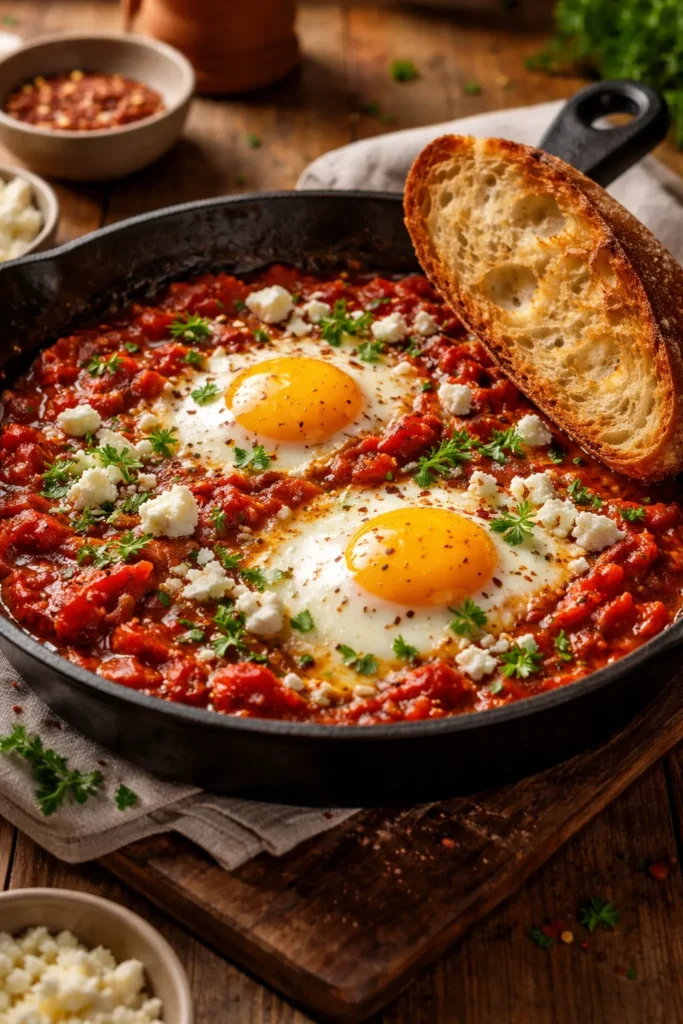 Skillet shakshuka with poached eggs and feta, bread on side