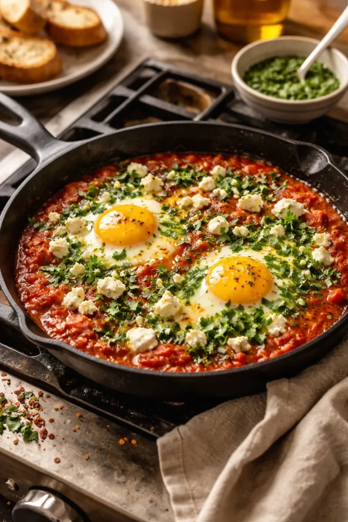 Skillet shakshuka with eggs, feta, and herbs