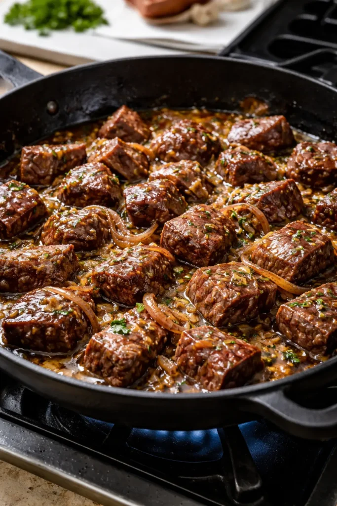 Steak bites with shallots and white wine in saucy pan