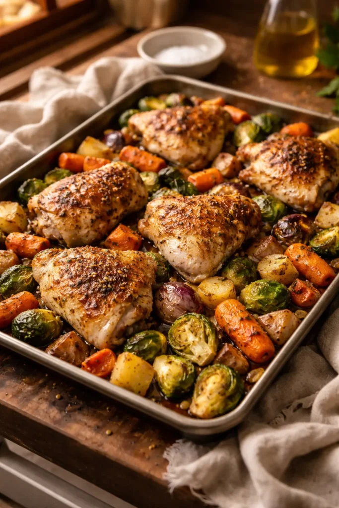 Sheet pan chicken with roasted vegetables on a baking sheet